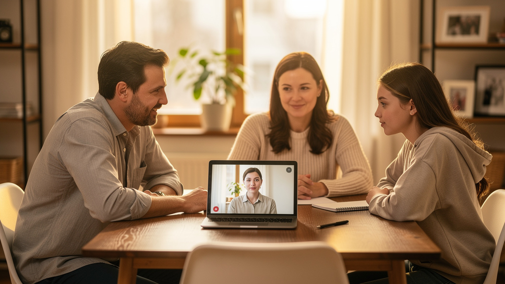 Family having an online consultation with a school advisor