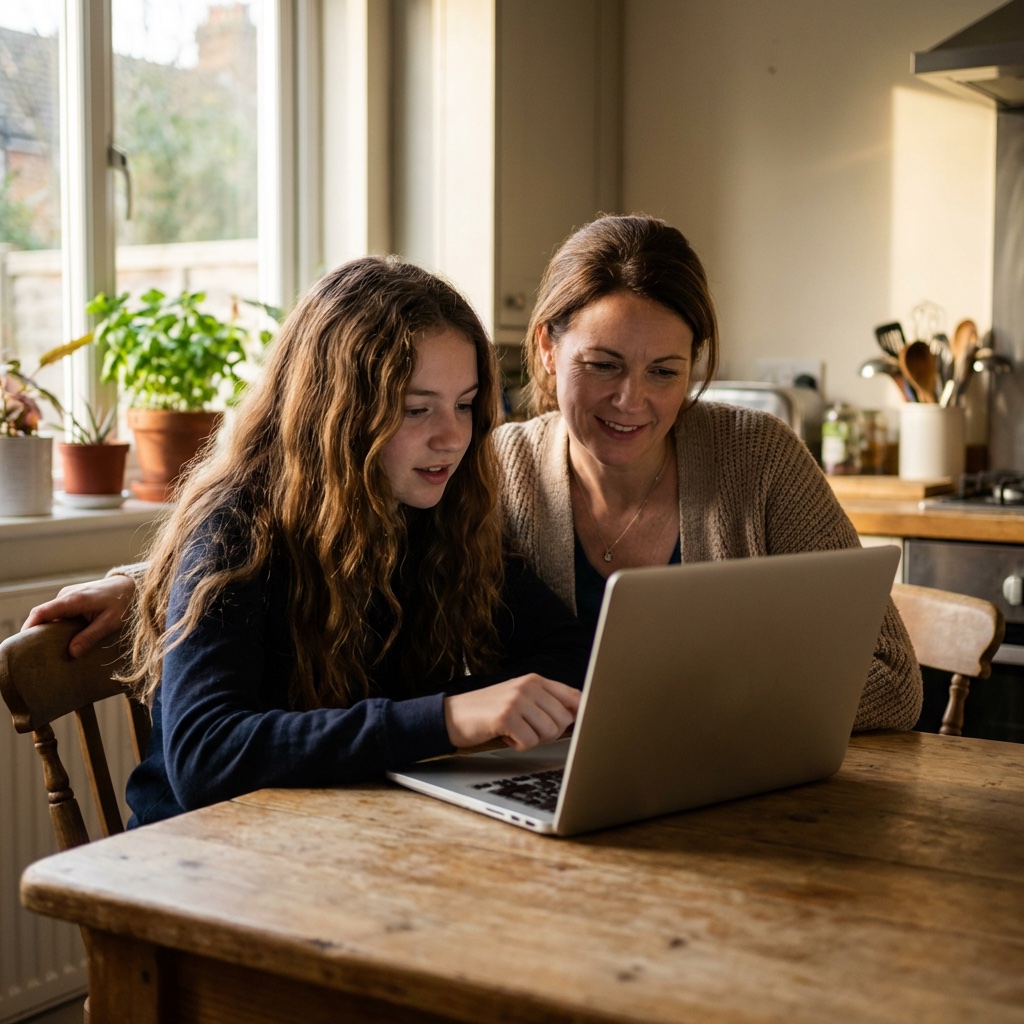 A Richmond pupil and her mother at a kitchen table during an afternoon lesson