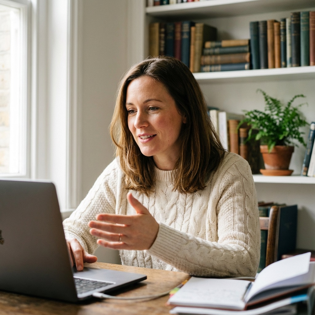 A Richmond Online teacher delivering a live lesson from her home study