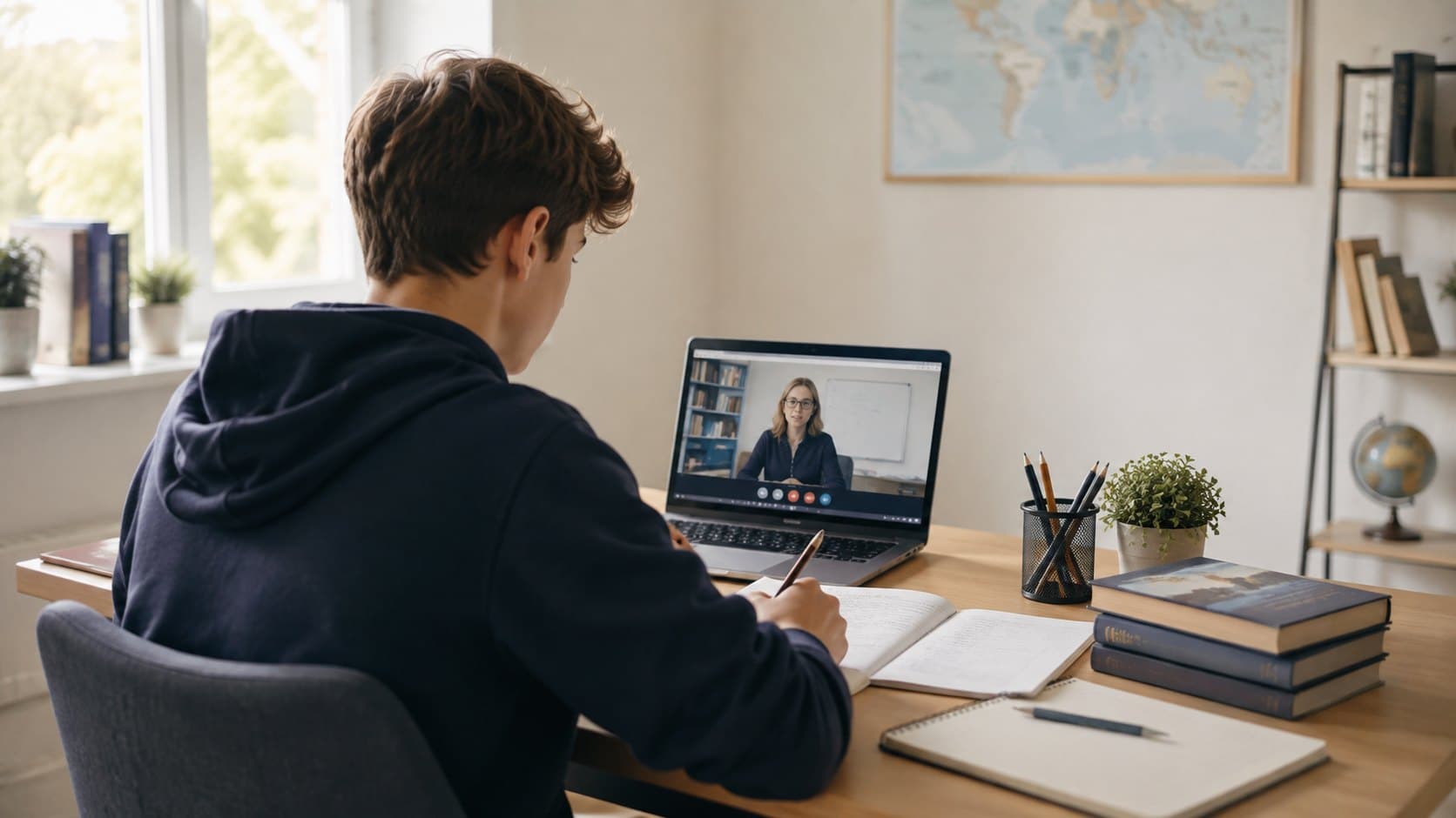 A Year 9 pupil taking notes while his teacher leads a live lesson on screen
