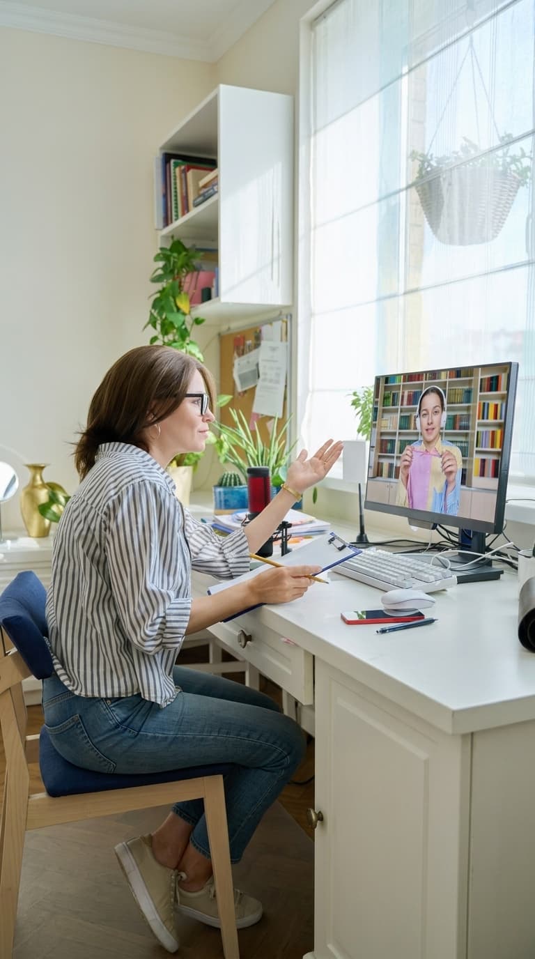 A Richmond Online teacher delivering a live lesson from her home study