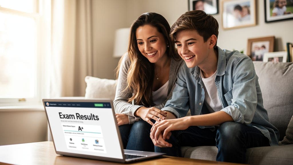 A mother and son celebrating exam results together at a laptop