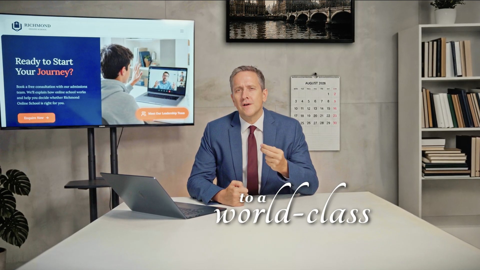 A presenter introducing Richmond Online School, with the school's website on screen behind him
